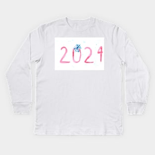 Watercolor text 2024 and snowflake, holiday art decoration, sketch. Illustration hand drawn modern Kids Long Sleeve T-Shirt